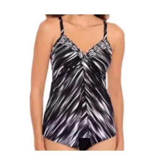 Miraclesuit Warp Speed Love Knot Tankini Swim Top Size 10  Black White Underwire - Picture 2 of 9